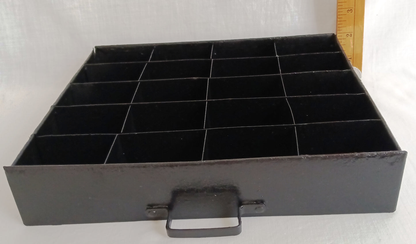 Vintage Small Display Tray Metal Painted Black 20 Compartments Storage Small Collectibles Jewelry Rectangular Box w/Handle