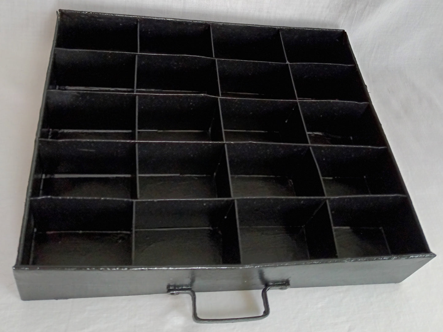 Vintage Small Display Tray Metal Painted Black 20 Compartments Storage Small Collectibles Jewelry Rectangular Box w/Handle