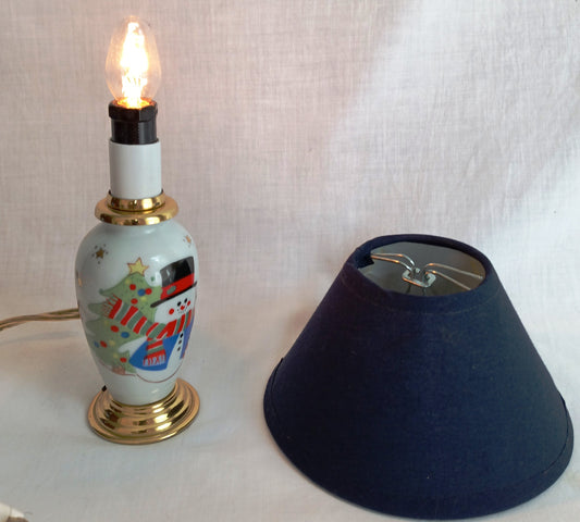 Vintage Small Ceramic Christmas Table Lamp/Nightlight Snowman Tree Gold Stars Round Brass Base In line Switch Fabric Shade Holiday Décor