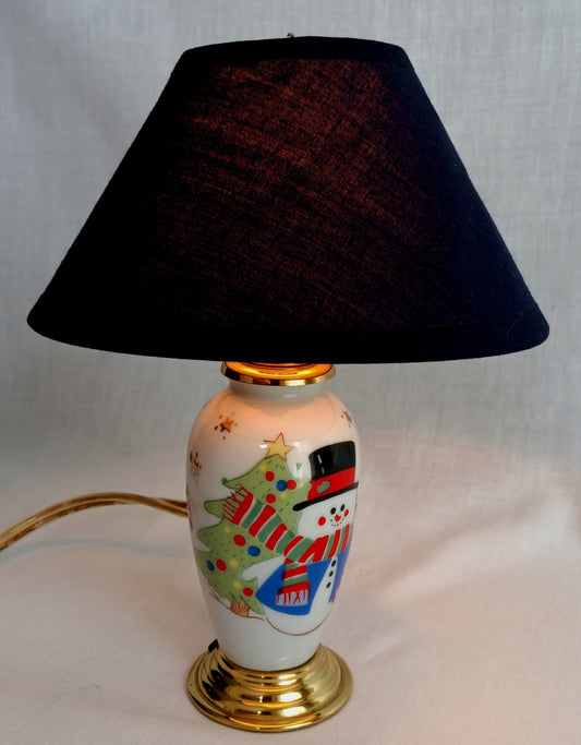 Vintage Small Ceramic Christmas Table Lamp/Nightlight Snowman Tree Gold Stars Round Brass Base In line Switch Fabric Shade Holiday Décor