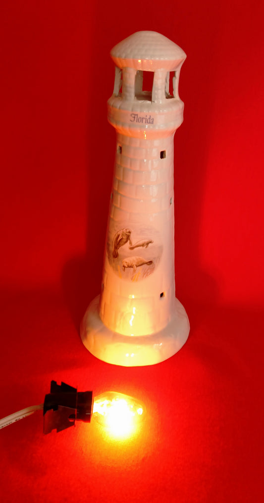 Vintage Decorative Glazed Ceramic Lighthouse Lamp Nightlight In Line Switch Manatees Picture Florida Souvenir Beach Costal Décor