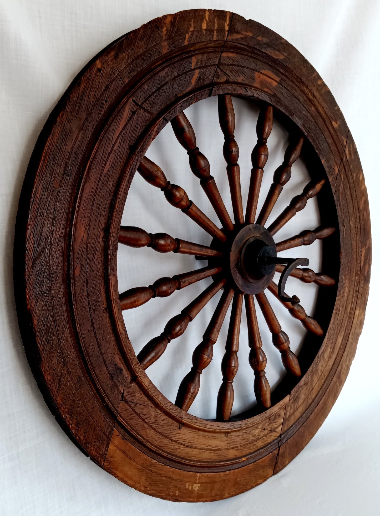 Antique Saxony Spinning Fly Wheel w/Metal Fittings 16 Spokes Folk Art Primitive Restoration or Rustic Cabin Home Décor (Wheel Only)-1920's