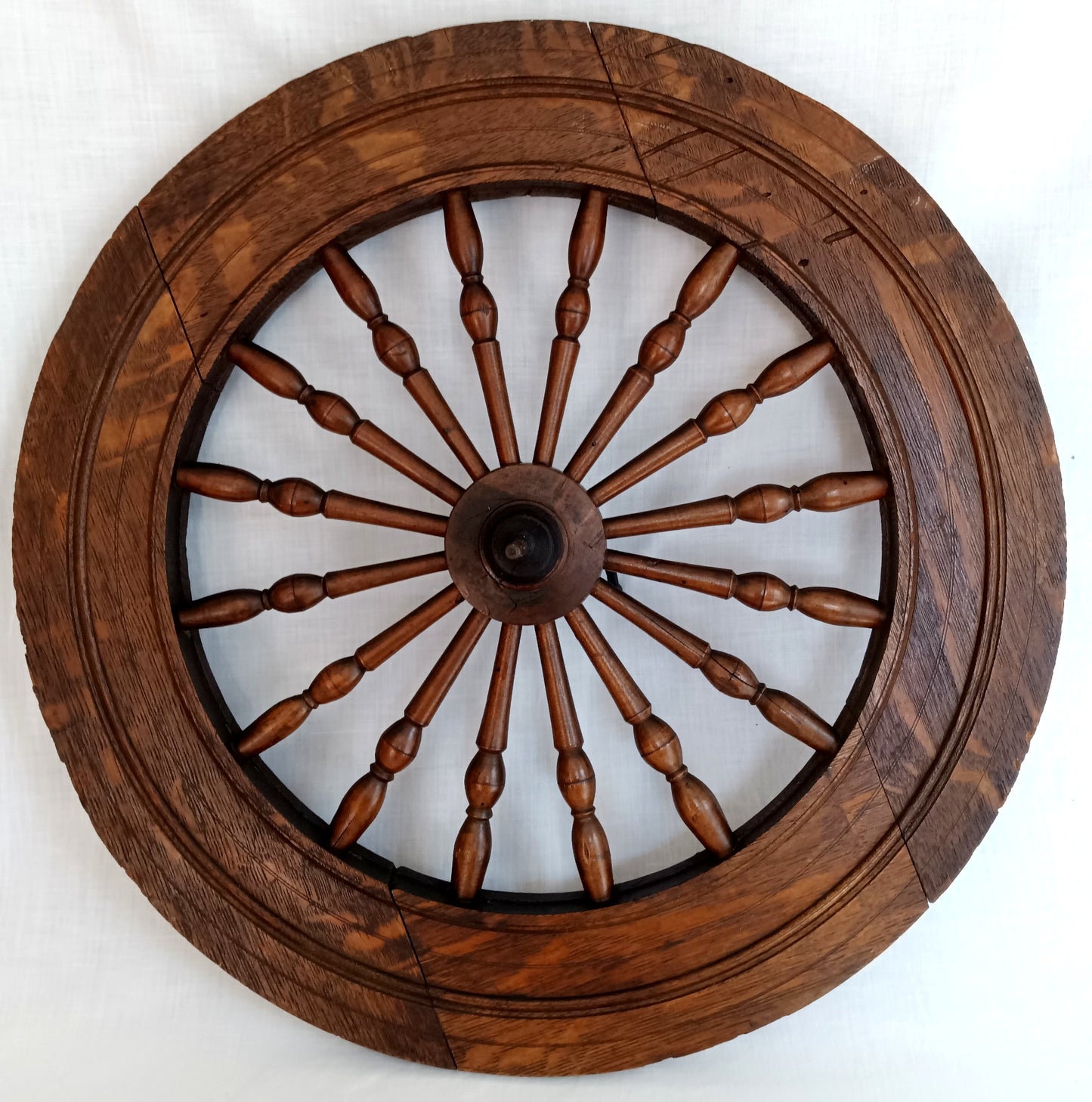 Antique Saxony Spinning Fly Wheel w/Metal Fittings 16 Spokes Folk Art Primitive Restoration or Rustic Cabin Home Décor (Wheel Only)-1920's