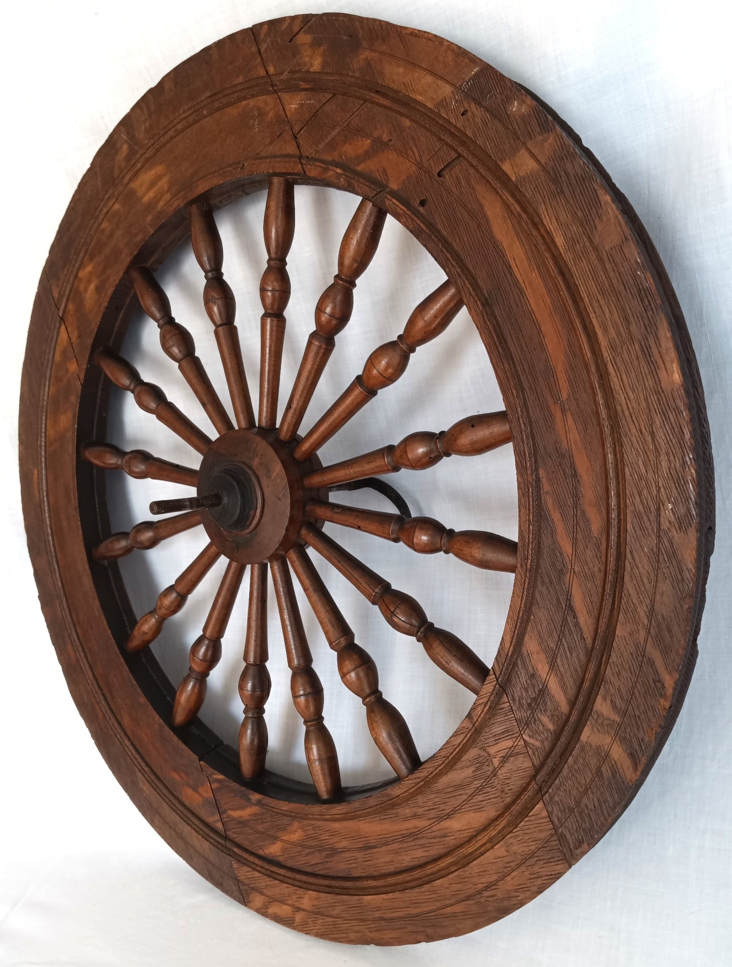 Antique Saxony Spinning Fly Wheel w/Metal Fittings 16 Spokes Folk Art Primitive Restoration or Rustic Cabin Home Décor (Wheel Only)-1920's