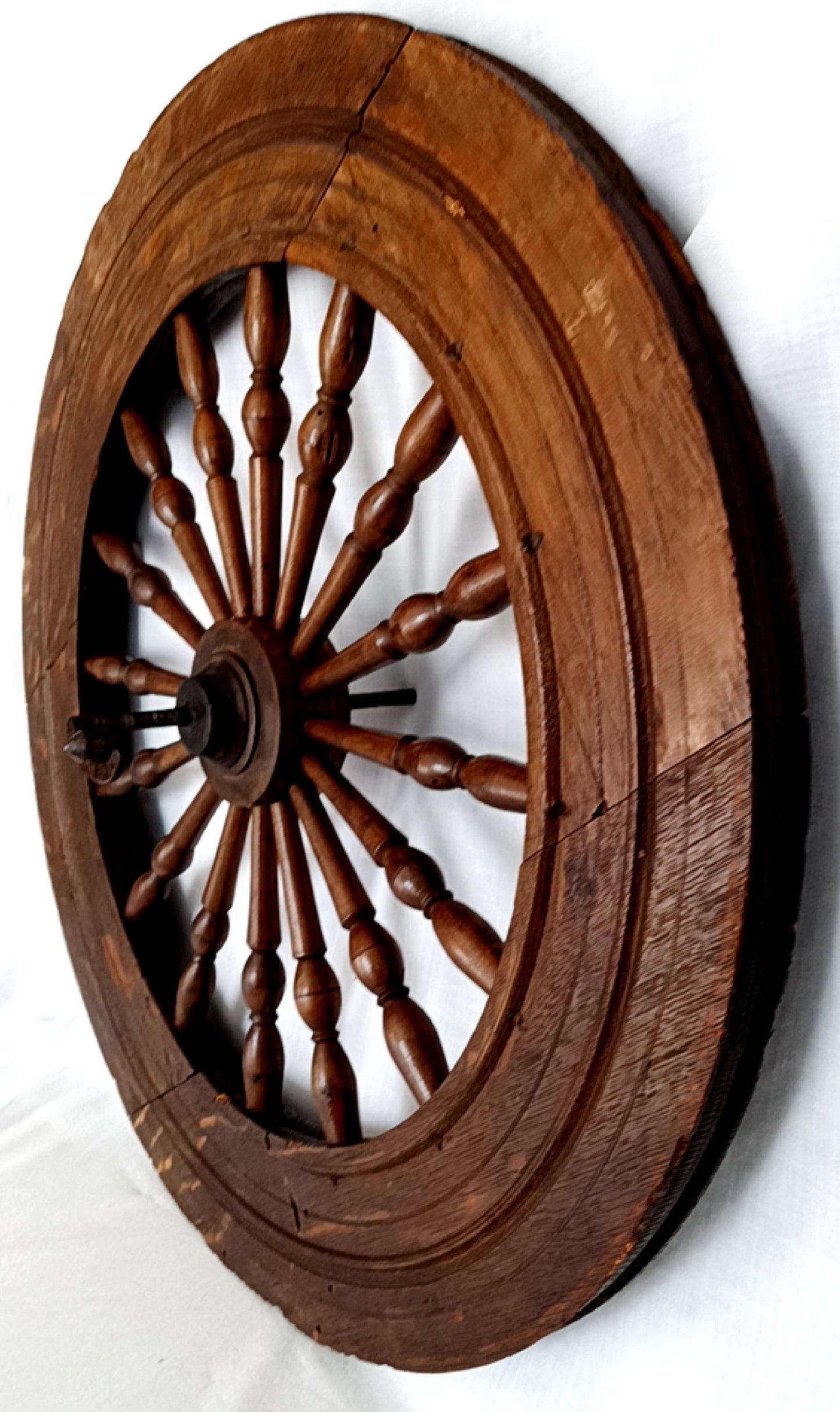 Antique Saxony Spinning Fly Wheel w/Metal Fittings 16 Spokes Folk Art Primitive Restoration or Rustic Cabin Home Décor (Wheel Only)-1920's