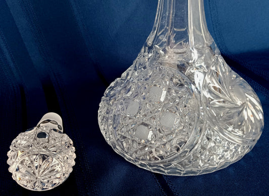 Vintage Crystal Glass Ships Captain Decanter w/Solid Stopper Paneled Neck Whiskey Scotch Wine Bottle Geometric Design Nautical Barware