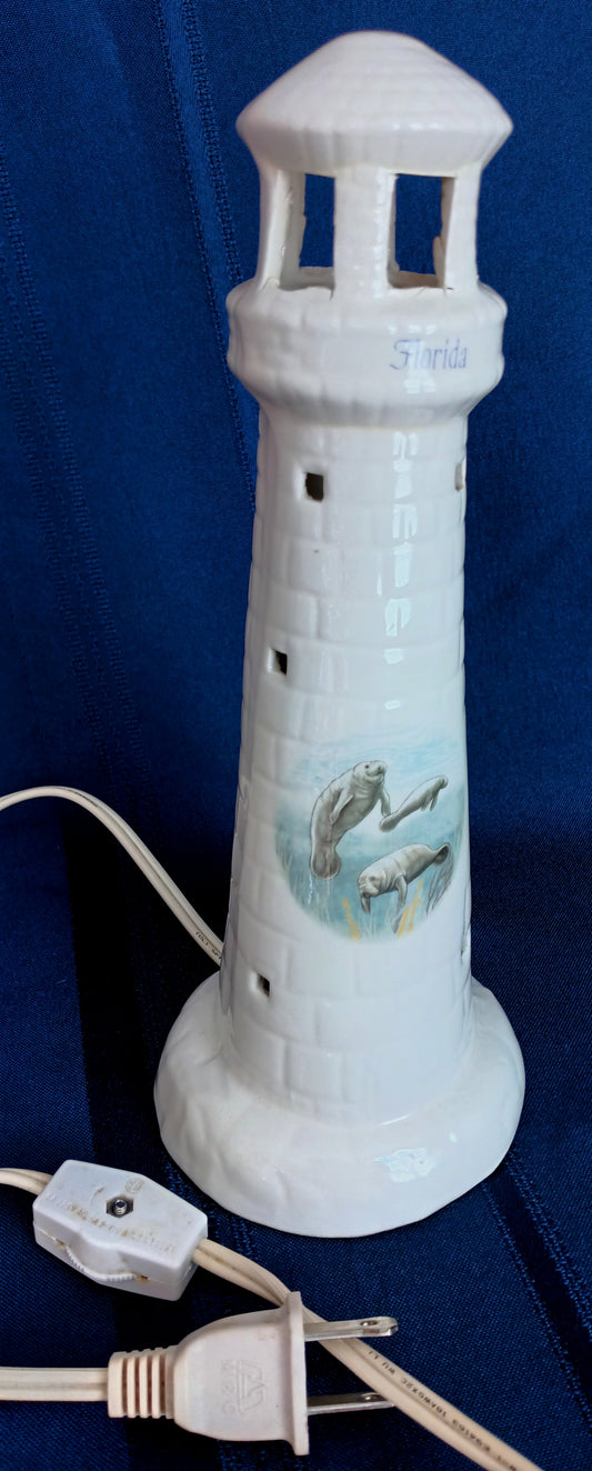 Vintage Decorative Glazed Ceramic Lighthouse Lamp Nightlight In Line Switch Manatees Picture Florida Souvenir Beach Costal Décor