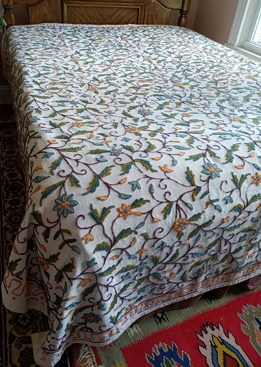 Vintage Kashmiri Crewel Hand Embroidered 100% Cotton Bedspread Bed Cover Tapestry Cream Color Wool Floral Design 86 x 102 - Queen Size
