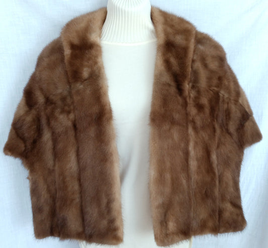 Vintage Honey Brown Real Mink Fur Cape Stole Open Front Shawl Collar Pockets Women Outerwear Wrap Wedding Bridal Bolero Size S