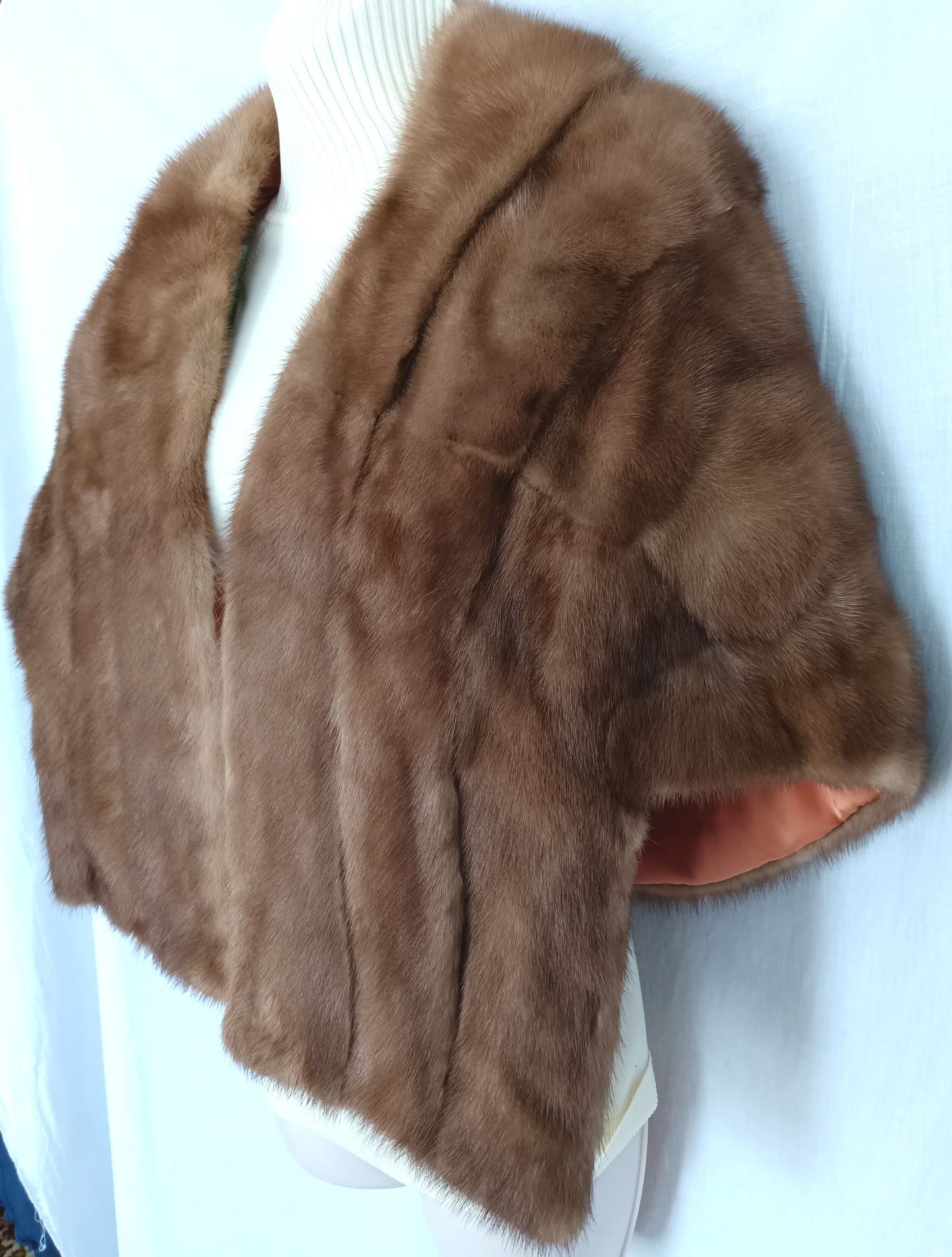 Vintage Honey Brown Real Mink Fur Cape Stole Open Front Shawl Collar Pockets Women Outerwear Wrap Wedding Bridal Bolero Size S
