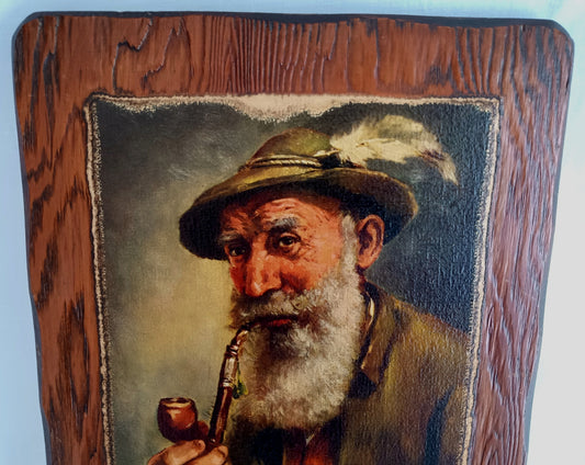 Vintage Portrait of an Elderly Man with a Pipe Print on Wooden Plaque Wall Hanging Retro Art Wall Decor – Signed Tauber