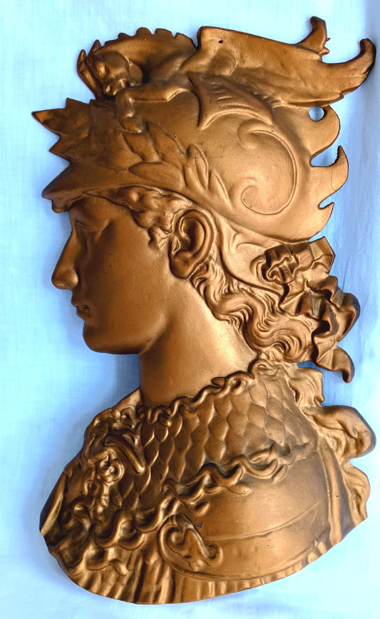 Vintage Neo Classical Roman Greek Style Perseus Bust Large Wall Plaque Tall Sculpture Cast Aluminum Bronze Finish High Relief Art Décor