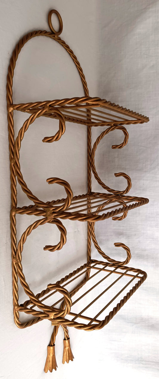 Vintage 3 Tiers Twisted Rope Shelf Gold Tone Metal Tassel Accents French Hollywood Regency Style Bathroom Kitchen Wall Shelf Home Décor