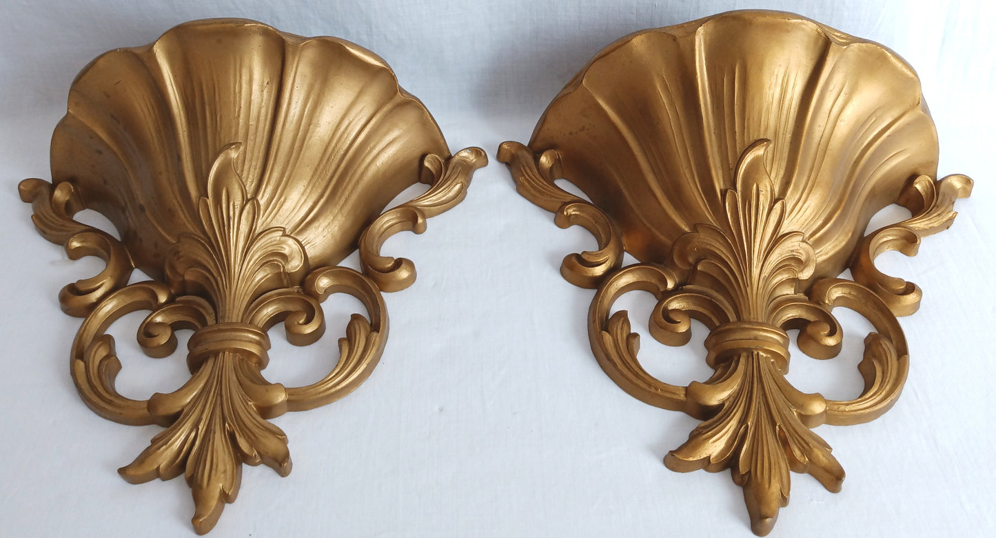 Vintage Dart Ind Pair Wall Pockets Small Vases Ornate Hollywood Regency Style Gold Finish Resin MCM Wall Sconces Planters-1962
