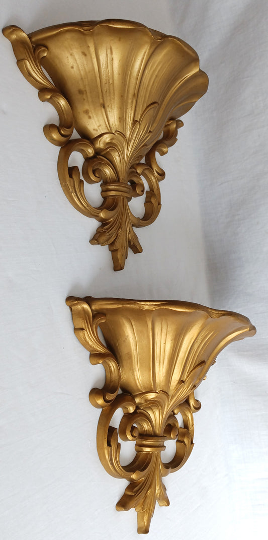 Vintage Dart Ind Pair Wall Pockets Small Vases Ornate Hollywood Regency Style Gold Finish Resin MCM Wall Sconces Planters-1962