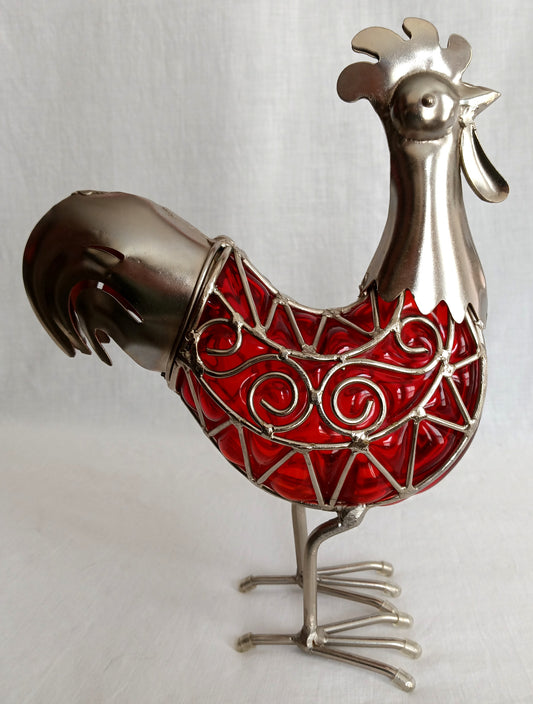 Vintage Metal Frame over Ruby Red Glass Rooster Figurine Art Glass Country Kitchen Décor Chicken Sculpture -Mint Condition
