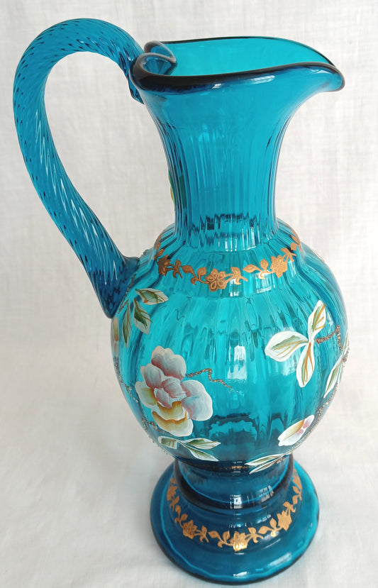 Vintage Fenton New Century XXI Collection Pitcher Hand Blown Turquoise Blue Glass Handle Heart Rim Gold Floral Accent Art Glass Signed-NOS