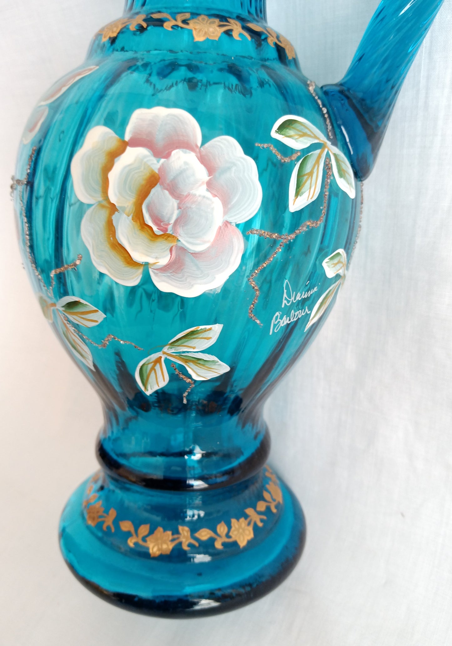 Vintage Fenton New Century XXI Collection Pitcher Hand Blown Turquoise Blue Glass Handle Heart Rim Gold Floral Accent Art Glass Signed-NOS