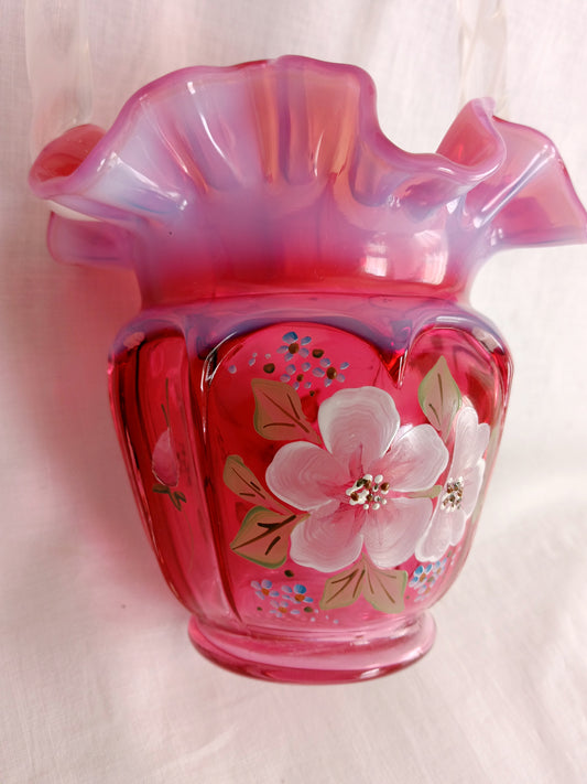 Vintage 1994 Fenton Open Heart Arches Hand Painted Floral Design Opalescent Cranberry Red Glass Basket Vase Art Glass Signed Made in USA-NOS