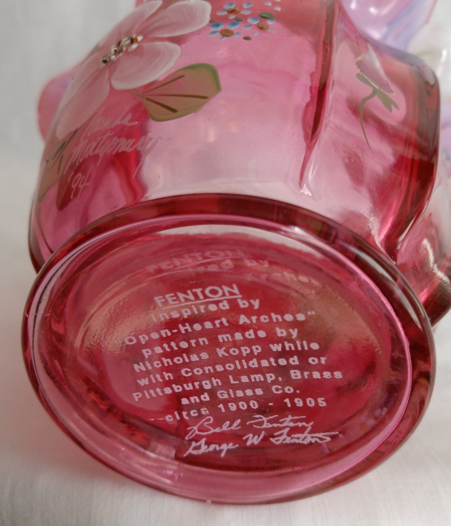 Vintage 1994 Fenton Open Heart Arches Hand Painted Floral Design Opalescent Cranberry Red Glass Basket Vase Art Glass Signed Made in USA-NOS