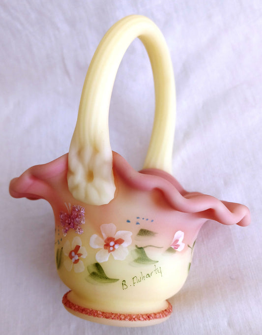 Vintage Fenton Burmese Satin Glass Mini Basket In Honor of QVCs 10th Anniversary Hand Painted Ruffled Art Glass Signed- B. Fluharty-NOS