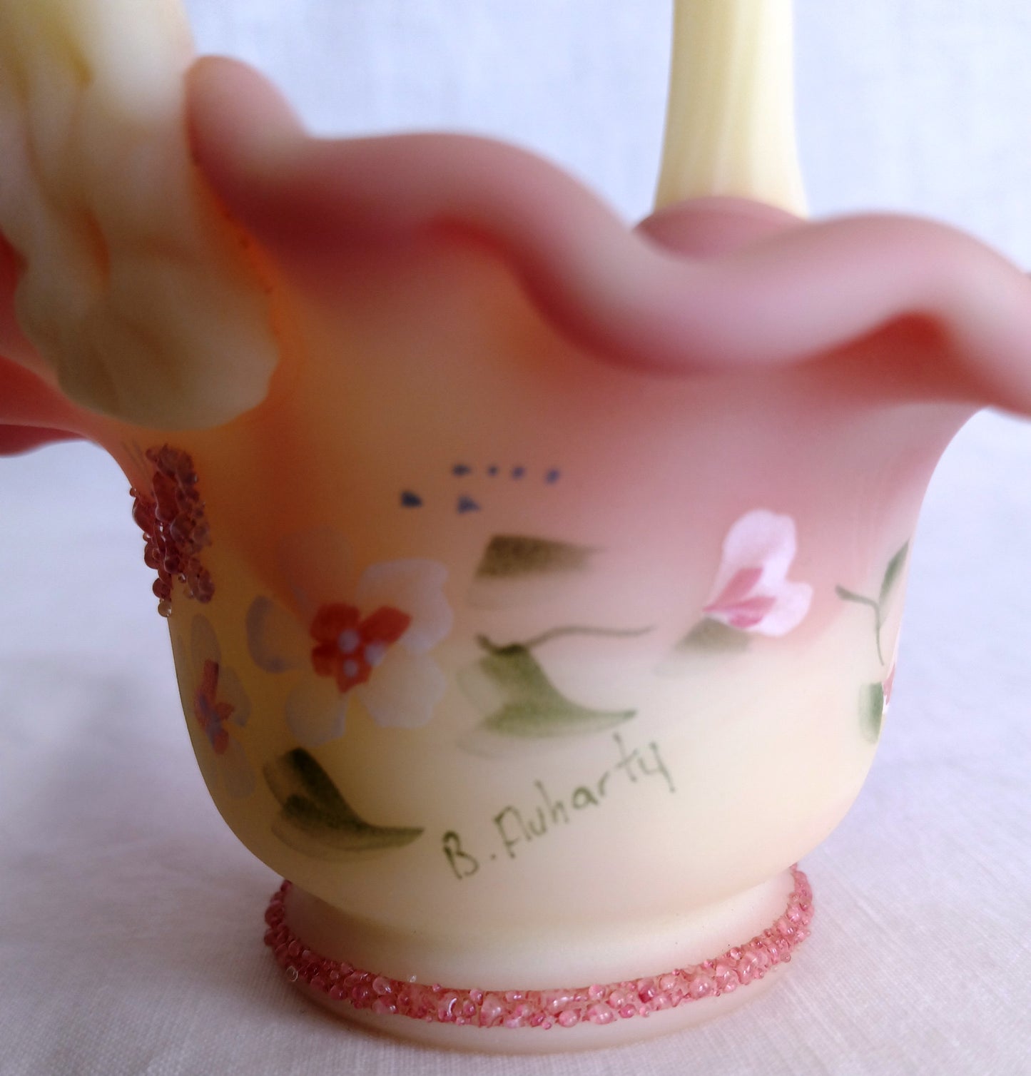 Vintage Fenton Burmese Satin Glass Mini Basket In Honor of QVCs 10th Anniversary Hand Painted Ruffled Art Glass Signed- B. Fluharty-NOS