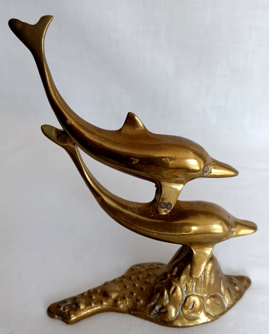 Vintage Solid Brass Swimming Leaping Dolphins Sculpture Pair Dolphins Figurine Nautical Sea Décor-Made in India