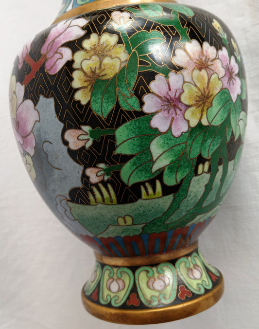 Vintage JINGFA Chinese Cloisonné Vase Colorful Enamel on Brass Blue Birds Floral Oriental Decor