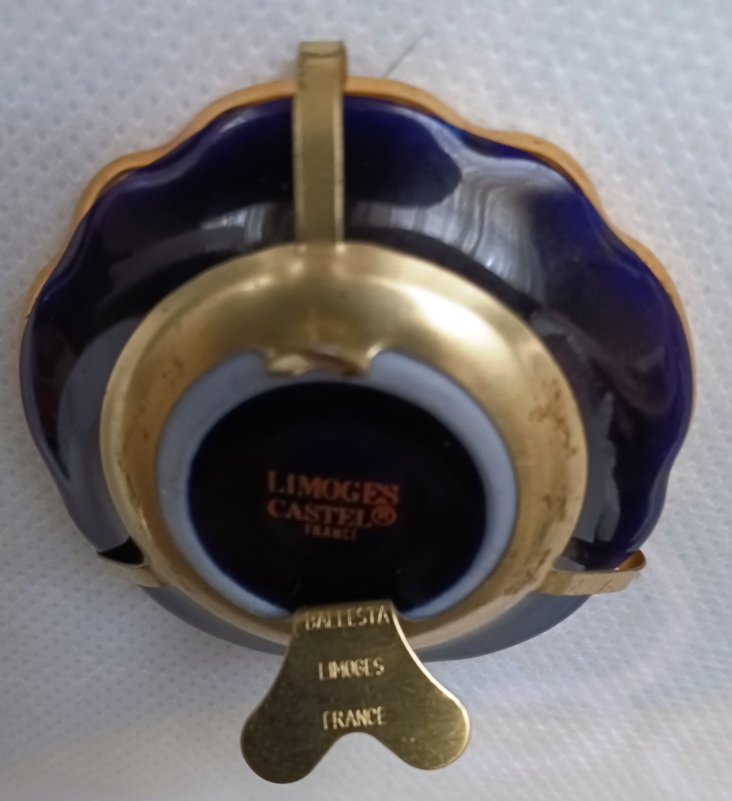 Vintage Mini Plate Limoges Castel Gold Cobalt Blue Enamel Porcelain Courting Couple Collector Plate w/ Ballesta Stand Wall Hanging-France