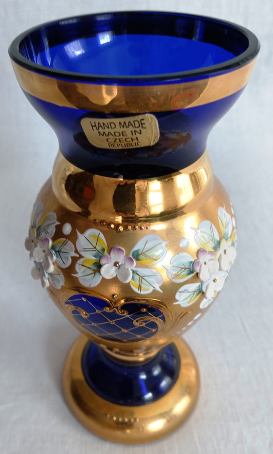 Handmade Bohemian Style Cobalt Blue Vase Enamel 24k Gold 3D Flowers Art Glass Mint Condition-Made in Czech Republic