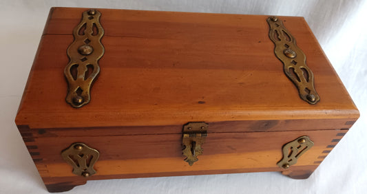 Vintage Cedar Wood Storage Box Jewelry Trinket Box Brass Hinged Lid Latch Footed Small Chest Rectangular Shape