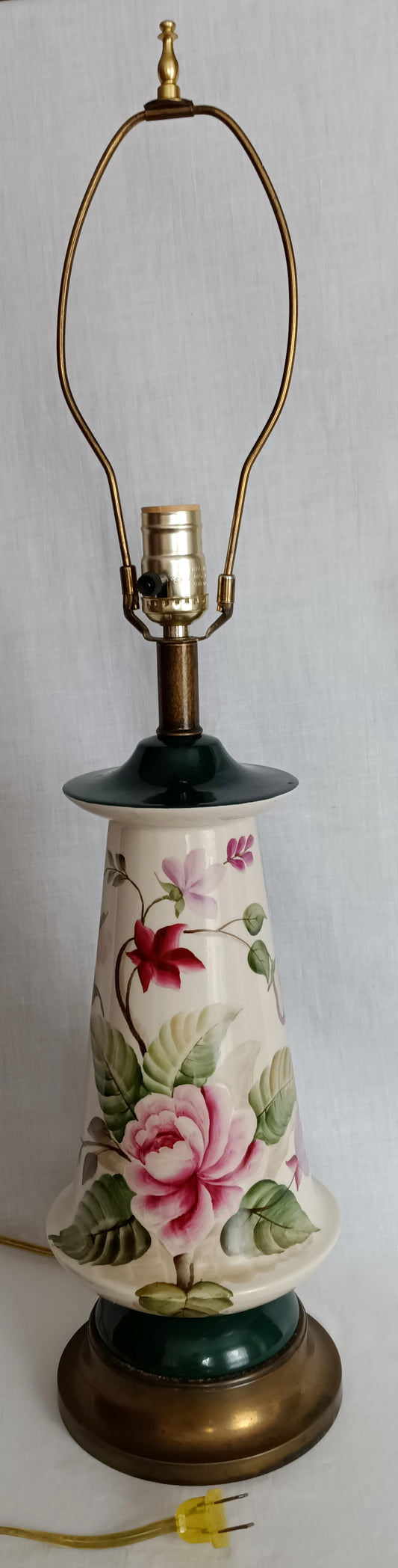 Vintage Tall Ceramic Table Lamp Victorian Style Pink Roses 3 Way Brass Harp and Finial Glazed Pottery Signed by Artist