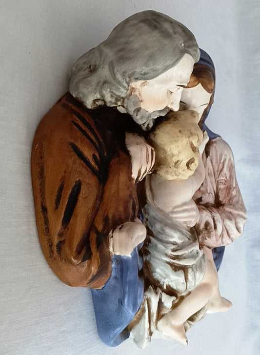 Vintage Ceramic Religious Wall Plaque Holy Family Hand Painted Glazed Sculpture Nativity Christianity Scene