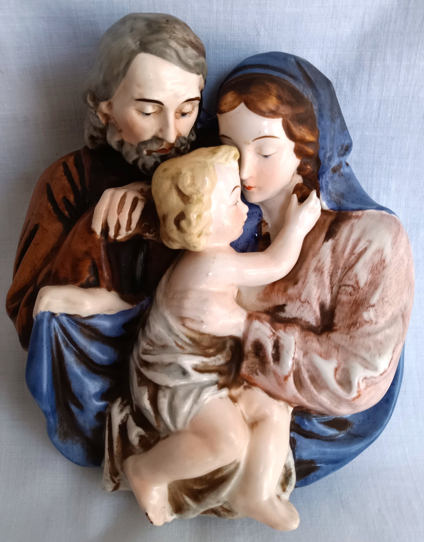 Vintage Ceramic Religious Wall Plaque Holy Family Hand Painted Glazed Sculpture Nativity Christianity Scene