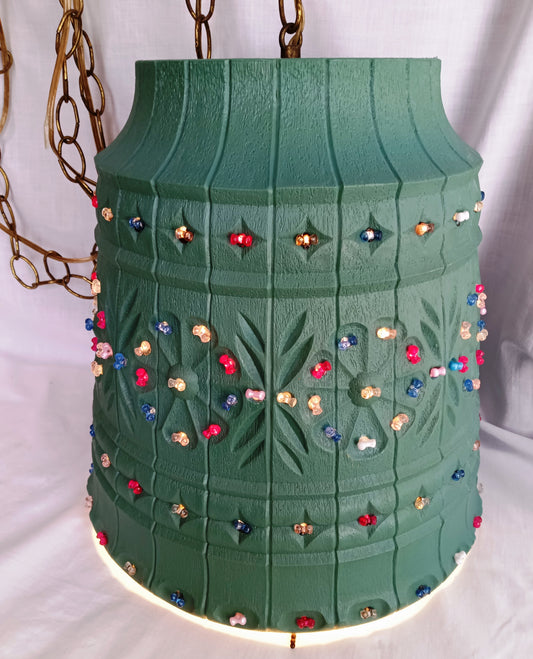 Vintage Large Pendant Lawnware Beaded Hanging Swag Lamp Green Molded Plastic Bell Shape Carved Floral Long Chain Plug In Retro Lighting