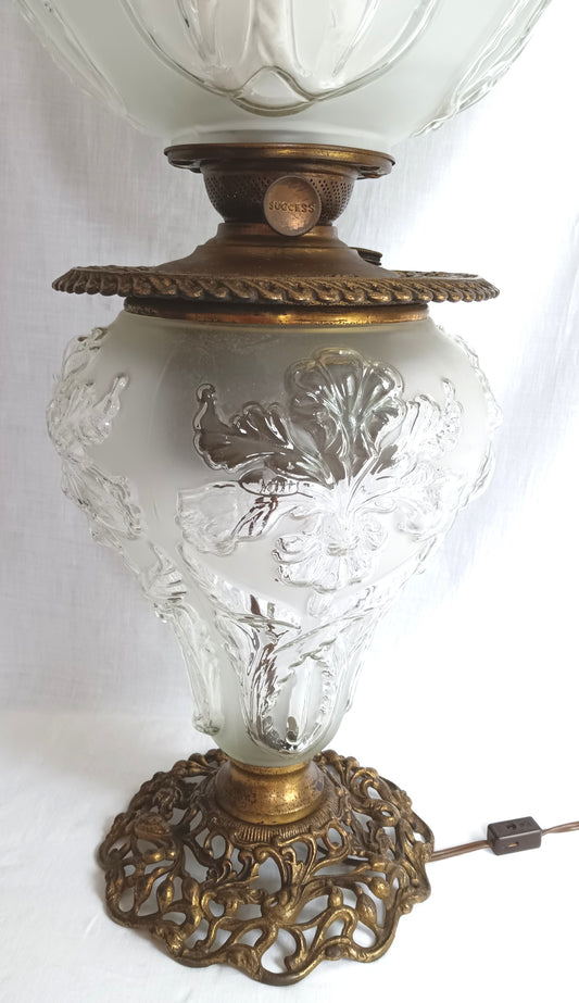 Antique GWTW Style Regal Iris Electrified Oil Lamp Success Brass Burner Heavy Glass Body and Base Shade Chimney in Line Switch 30 “Tall