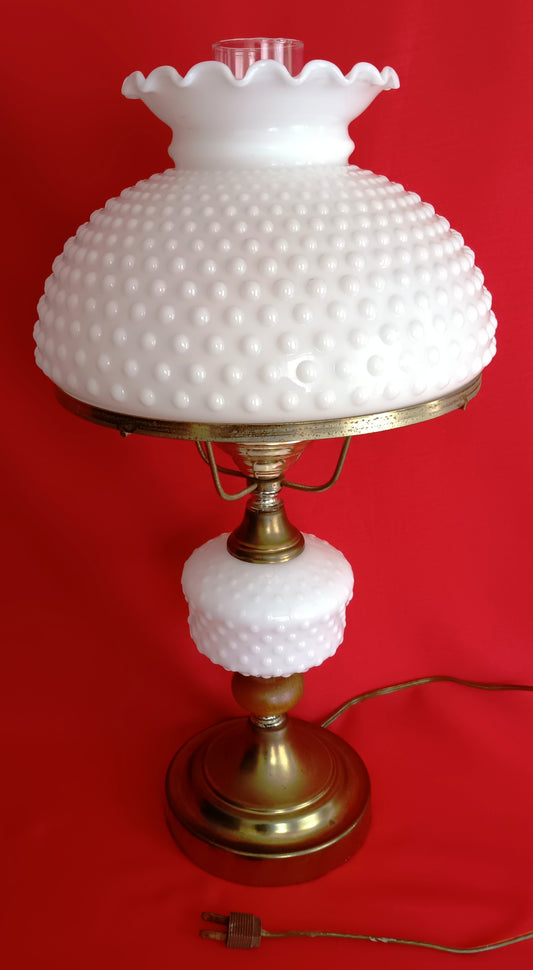 Vintage GWTW Table Parlor Lamp Milk Glass Body and Shade Hobnail Design Wood Insert Brass 3-way Glass Chimney Retro Lighting