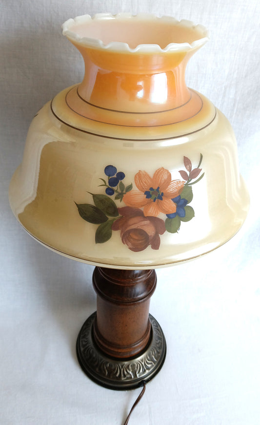 Vintage Moe Lighting GWTW Style Parlor Table Lamp Wooden Brass Base Glass Shade w/Hand Painted Floral Motif 3 Way Switch