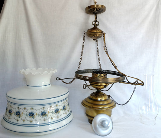 Vintage Quoizel Abigail Adams Swag Hanging Chandelier Brass Lamp 3 Way Blue Poppy Design Large Hurricane Shade Clear Glass Chimney Spotlight