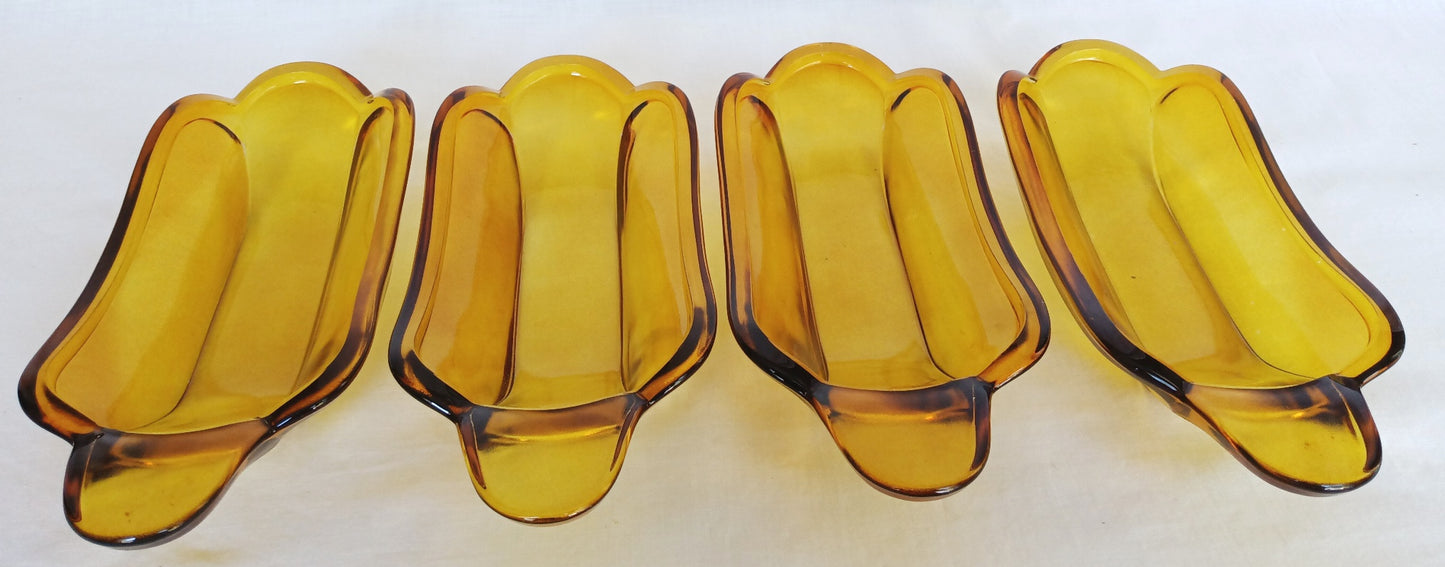Vintage Set of 4 Indiana Glass Amber Banana Split Boats Ice Cream Sundae Dishes Bowls Glassware-Made in USA