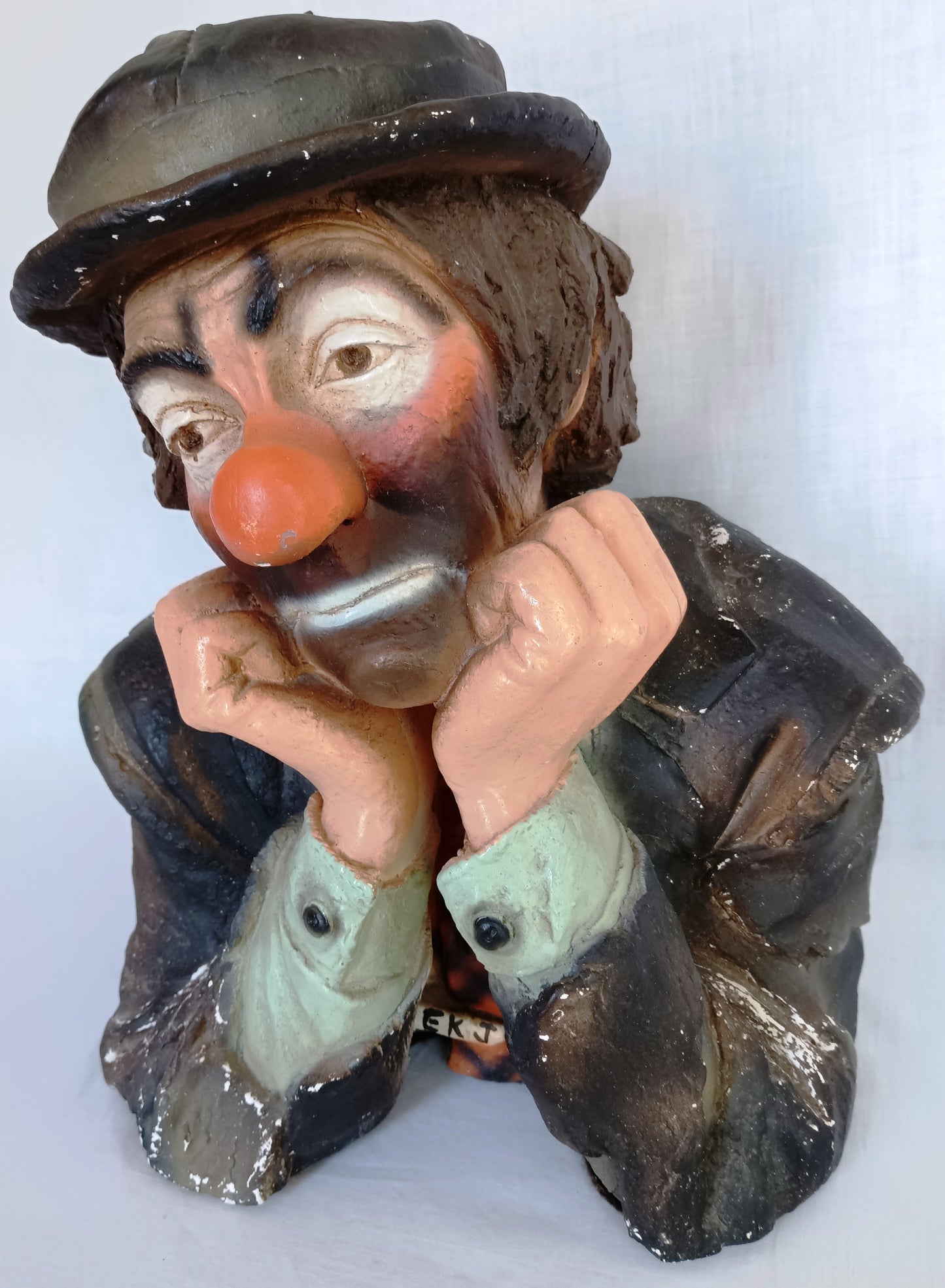 Vintage Emmett Kelly Jr. Chalkware Plaster Figurine Hobo Sad Clown Bust “Why me? "Signed EKJ Standalone Sculpture Pottery