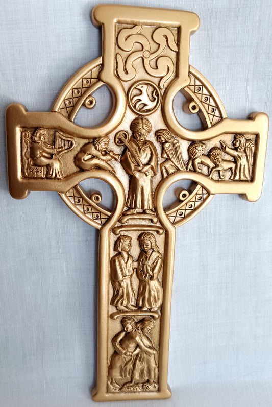 VTG True Celtic Cross Antique Gold Tone Finish Cast Pewter Made by Jeweled Cross-USA Wall Hanging Christian Cross NIB