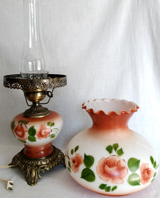 Vintage GWTW Style Hurricane Lamp Hand Painted Coral Roses Ornate Brass 3 Way Parlor Table Lamp Clear Glass Chimney