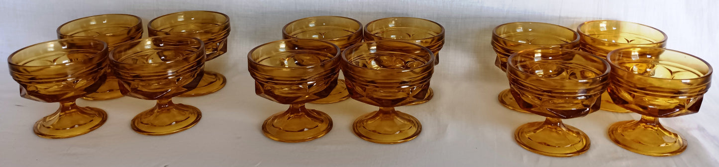 Vintage Set of 4 Bowls Anchor Hocking Fairfield Honey Gold Amber Glass Ice Cream Sherbet Champagne Coupe Low Stem Footed Glasses