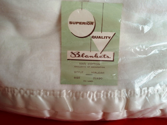 Vintage Superior Quality White Blanket 100% Cotton with Satin Trim Hialeah Style 70x90 Twin Size NOS-NIB