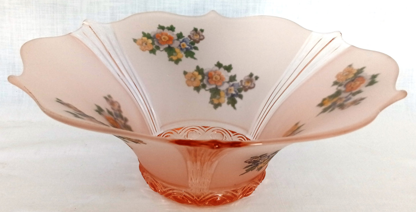 Vintage Lancaster Glass Pink Frosted Glass Ceiling Pendant Replacement Lampshade Painted Flower Decals Clear Ribbed Scalloped Edge 12” D