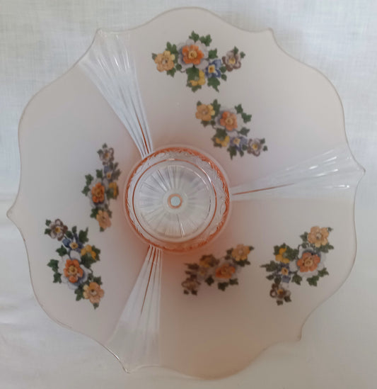 Vintage Lancaster Glass Pink Frosted Glass Ceiling Pendant Replacement Lampshade Painted Flower Decals Clear Ribbed Scalloped Edge 12” D