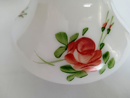 Vintage Milk Glass Lampshade Hand Painted Red Roses Straight Neck Globe Chandelier Fan Ceiling Fixture Replacement Lamp Part