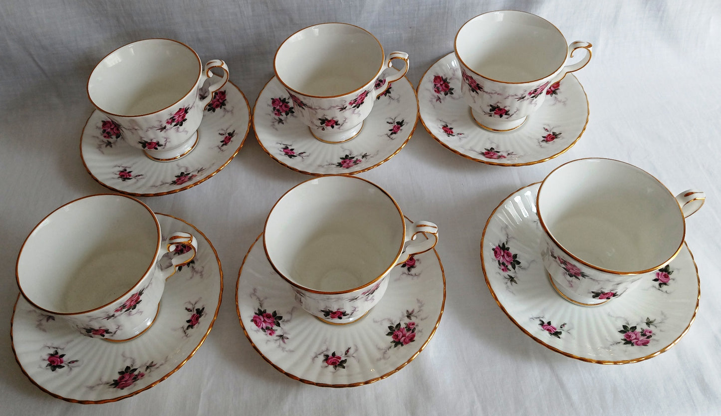 Vintage Set of 6 Windsor Rose Footed Gold Trim Teacup Saucer Exclusive Hammersley Fine China Princess House Collection Made in England