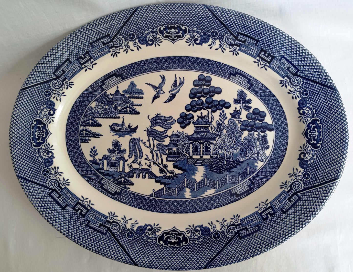 Vintage Churchill Blue Willow Pattern Ceramic Oval Large Plate Serving Platter Made in Staffordshire England Tableware 14.5” L